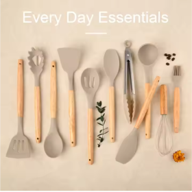 Non-Stick Silicon 12 Pcs Heat Resistant Wooden Handle Kitchen Cooking Utensils Set, Khaki Color (Option: Khaki)