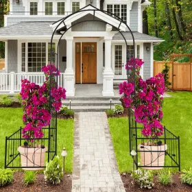 Metal Garden Arch With Two Plant Stands 79.5'' Wide X 86.6'' High Climbing Plants Support Rose Arch Outdoor Black (Option: Black)