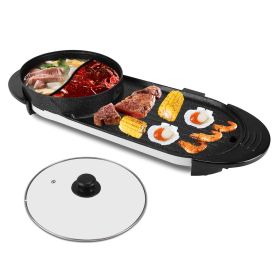 2 in 1 Electric Hot Pot with BBQ Grill Cooker 2200W Smokeless Non-Stick Korean BBQ Grill Shabu Shabu Hot Pot with Independent Temperature Control (Color: Black)